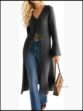 Long Cardigan Sweater Button Down Bell Sleeve Open Front Ribbed Knit Midi Dress